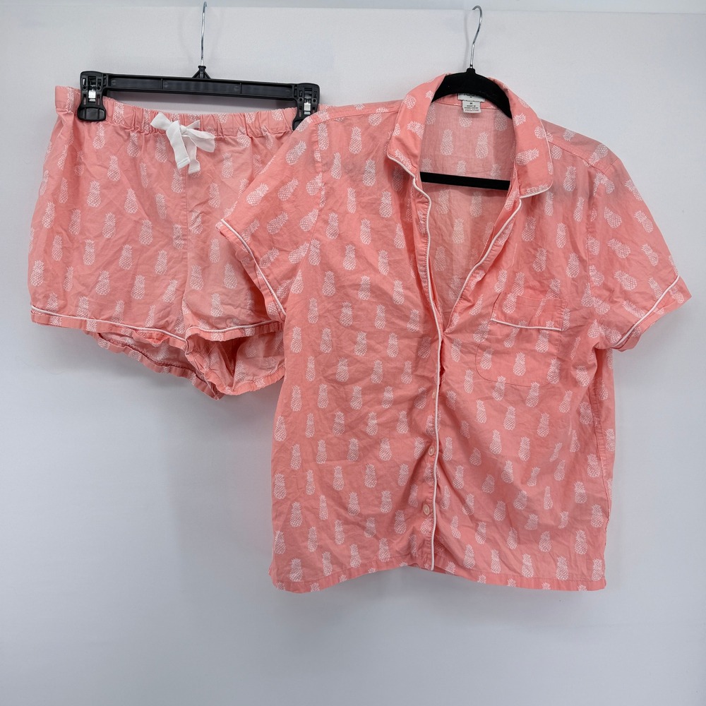 J.Crew Womens Pineapple Print Pajama Set Coral Pink Short Sleeve Shorts Size M